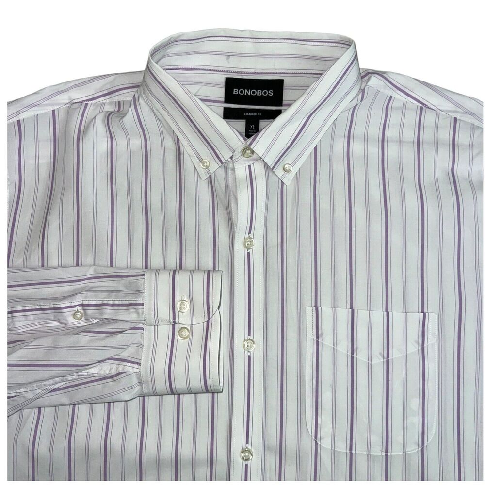 Bonobos Mens Purple White Striped Standard Fit Long Sleeve Button Down Shirt‎ XL